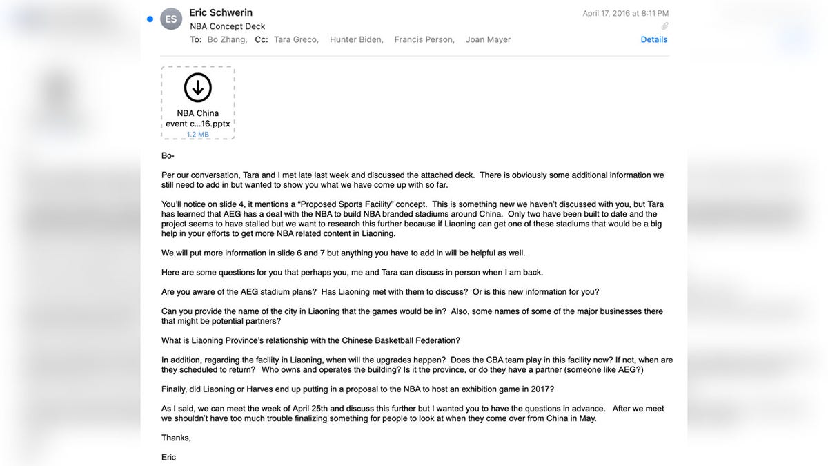 Eric Schwerin email to Bo Zhang and Hunter Biden