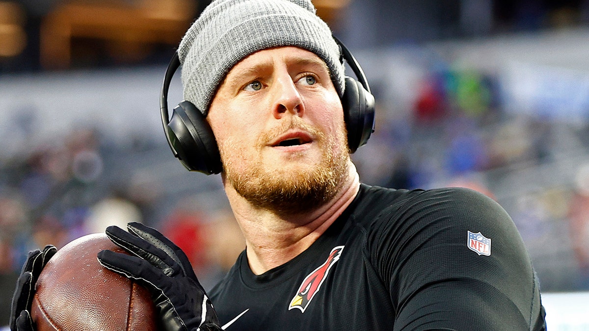 J.J. Watt of the Arizona Cardinals warms up before the game against the Los Angeles Rams in the NFC Wild Card Playoff game at SoFi Stadium on Jan. 17, 2022, in Inglewood, California. 