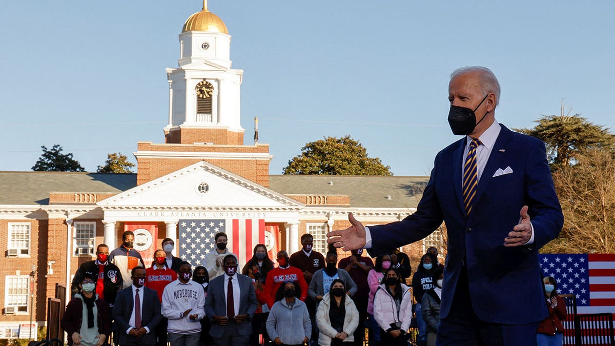 President Biden arrives to deliver remarks on voting rights during a speech on the grounds of Morehouse College and Clark Atlanta University in Atlanta, Georgia, Jan. 11, 2022.