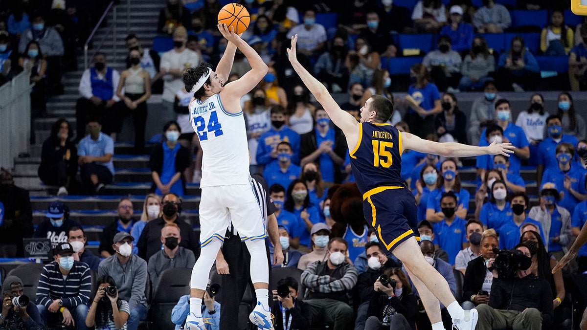 UCLA guard Jaime Jaquez Jr. (24) shoots against California forward Grant Anticevich (15) during the first half of an NCAA college basketball game in Los Angeles, Thursday, Jan. 27, 2022.