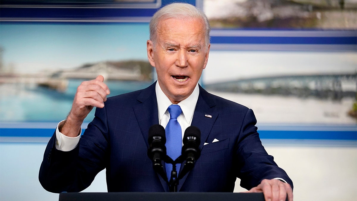 President Biden speaks about the Bipartisan Infrastructure Law at the South Court Auditorium in the Eisenhower Executive Office Building.