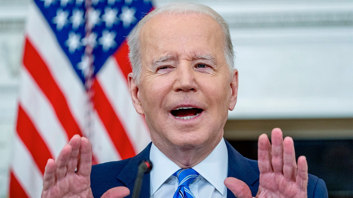 President Biden speaks during a meeting with private sector CEOs about the economy in the State Dining Room of the White House in Washington, Wednesday, Jan. 26, 2022. 