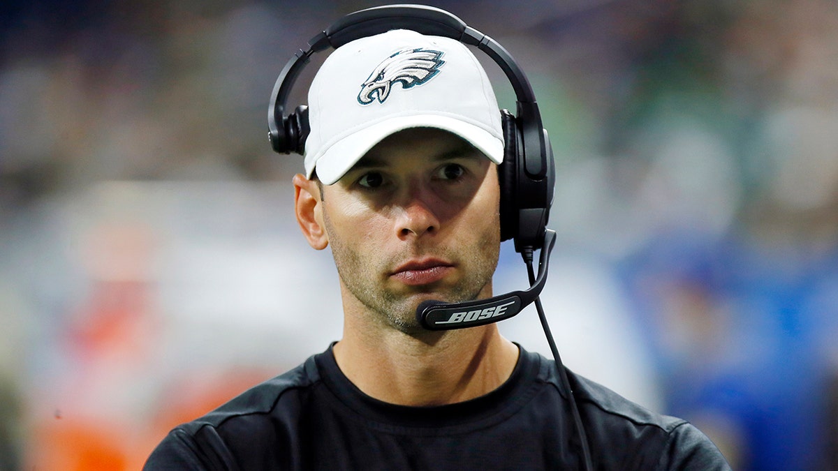 Philadelphia Eagles defensive coordinator Jonathan Gannon watches during the second half of an NFL football game against the Detroit Lions, on Oct. 31, 2021, in Detroit.