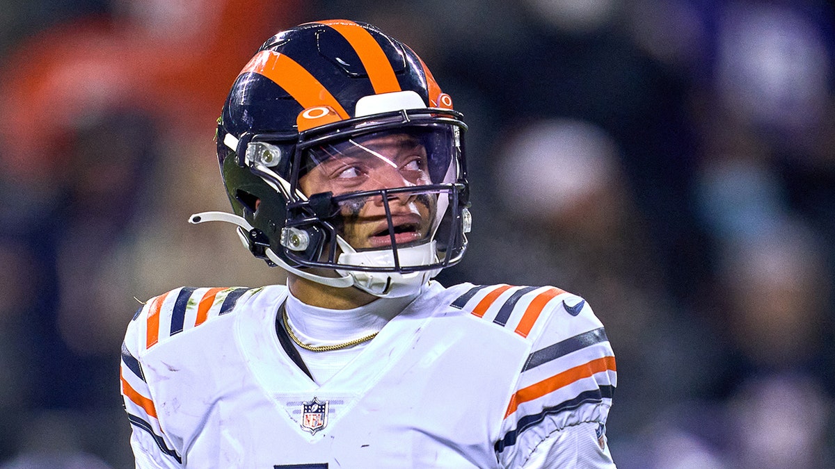 Chicago Bears quarterback Justin Fields looks on during a game against the Minnesota Vikings on Dec. 20, 2021, at Soldier Field in Chicago, Illinois.