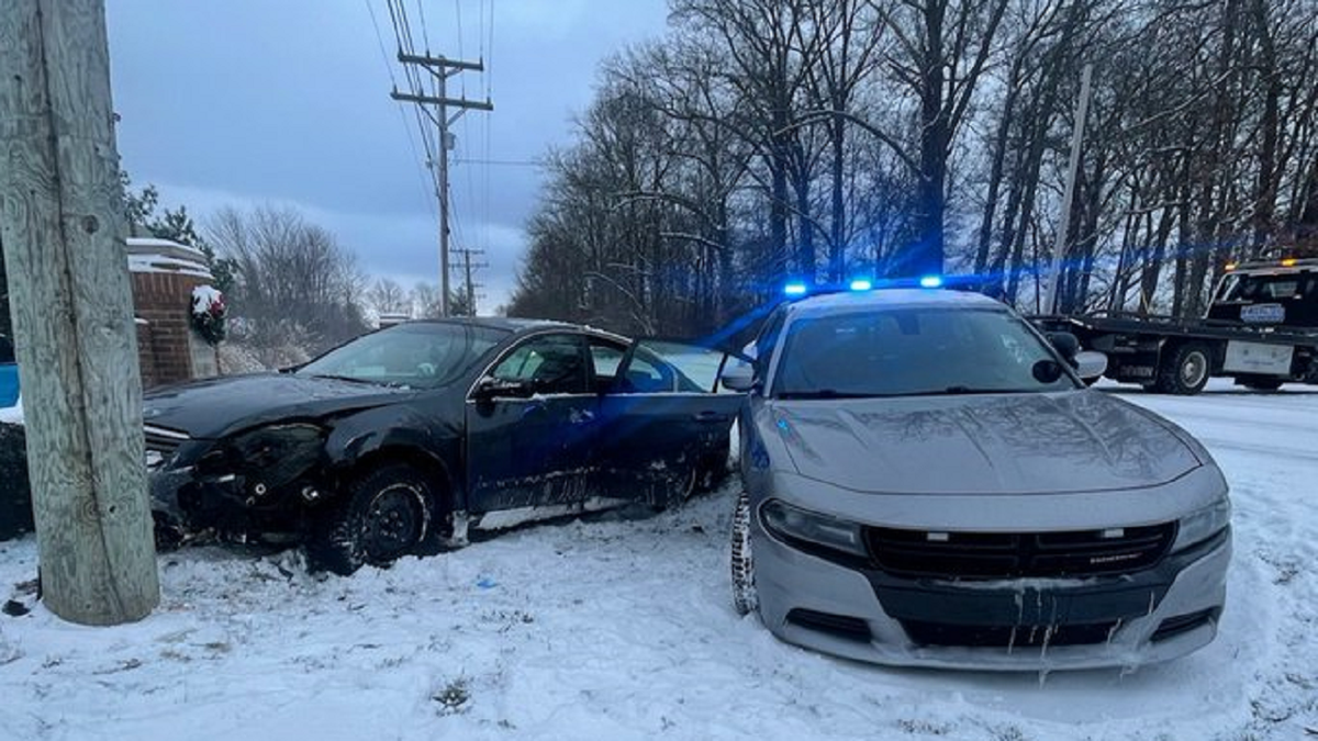 This Kentucky State Police vehicle was rear-ended Thursday afternoon while working the scene of an accident in Henderson County. (Kentucky State Police)