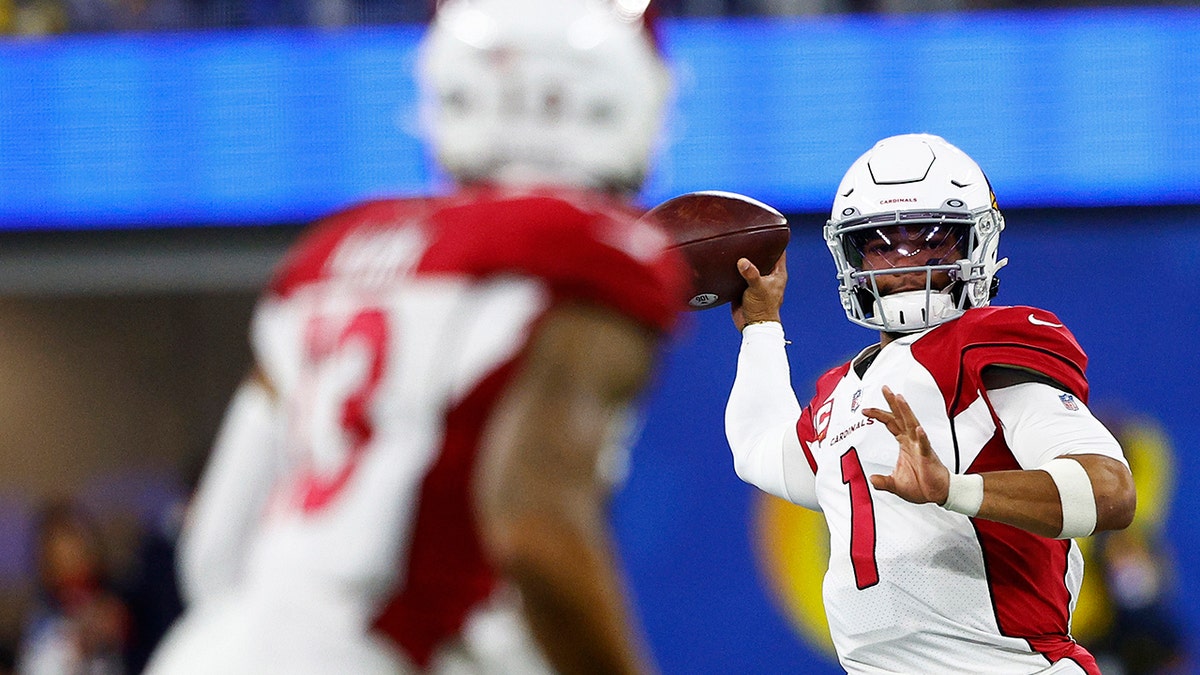 Kyler Murray #1 of the Arizona Cardinals throws a pass against the Los Angeles Rams during the third quarter in the NFC Wild Card Playoff game at SoFi Stadium on January 17, 2022 in Inglewood, California.
