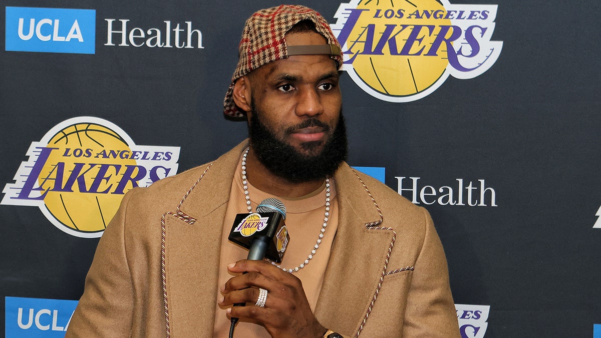 LeBron James of the Los Angeles Lakers talks to the press after the game against the Sacramento Kings on Jan. 4, 2022, at Staples Center in Los Angeles, California.
