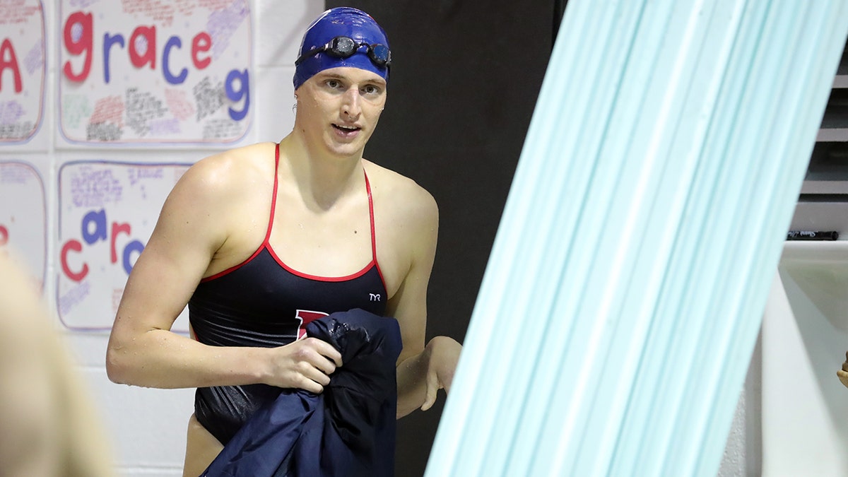 Lia Thomas of the Pennsylvania Quakers after competing in a freestyle event during a tri-meet against the Yale Bulldogs and the Dartmouth Big Green at Sheerr Pool on the campus of the University of Pennsylvania on Jan. 8, 2022, in Philadelphia, Pennsylvania