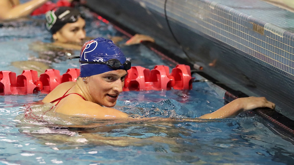 Lia Thomas of the Pennsylvania Quakers smiles after winning the 200-yard freestyle event during a tri-meet against the Yale Bulldogs and the Dartmouth Big Green at Sheerr Pool on the campus of the University of Pennsylvania on Jan. 8, 2022, in Philadelphia, Pennsylvania.