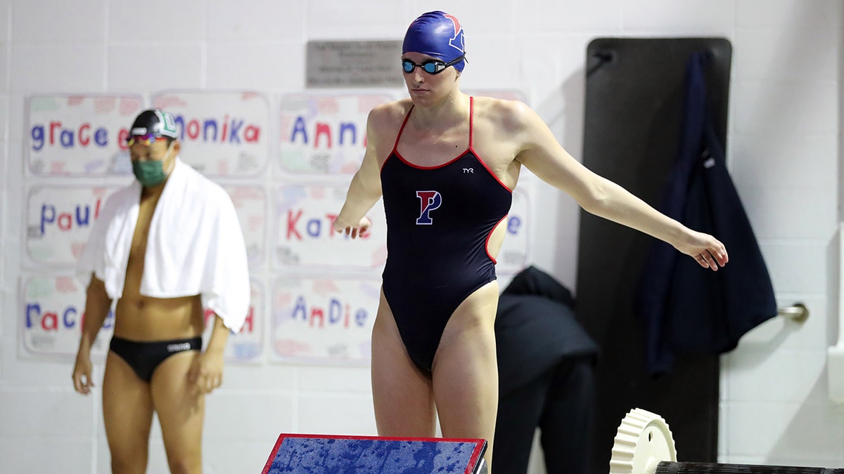 Lia Thomas of the Pennsylvania Quakers gets ready to compete in a freestyle event during a tri-meet against the Yale Bulldogs and the Dartmouth Big Green at Sheerr Pool on the campus of the University of Pennsylvania on January 8, 2022 in Philadelphia, Pennsylvania.
