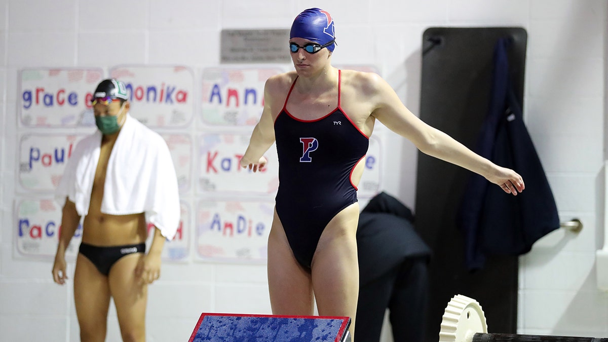 Lia Thomas of the Pennsylvania Quakers gets ready to compete in a freestyle event during a tri-meet against the Yale Bulldogs and the Dartmouth Big Green at Sheerr Pool on the campus of the University of Pennsylvania on Jan. 8, 2022, in Philadelphia, Pennsylvania.