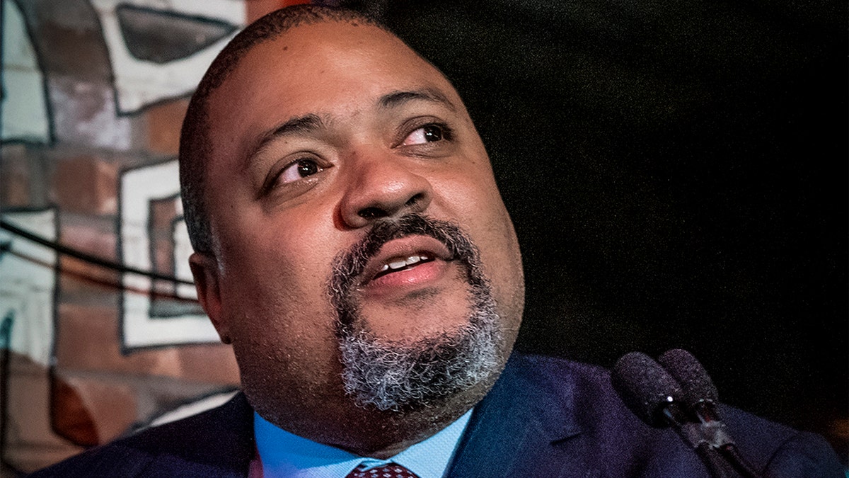 Alvin Bragg, Manhattan district attorney, speaks with supporters on election night in New York, Nov. 2, 2021.