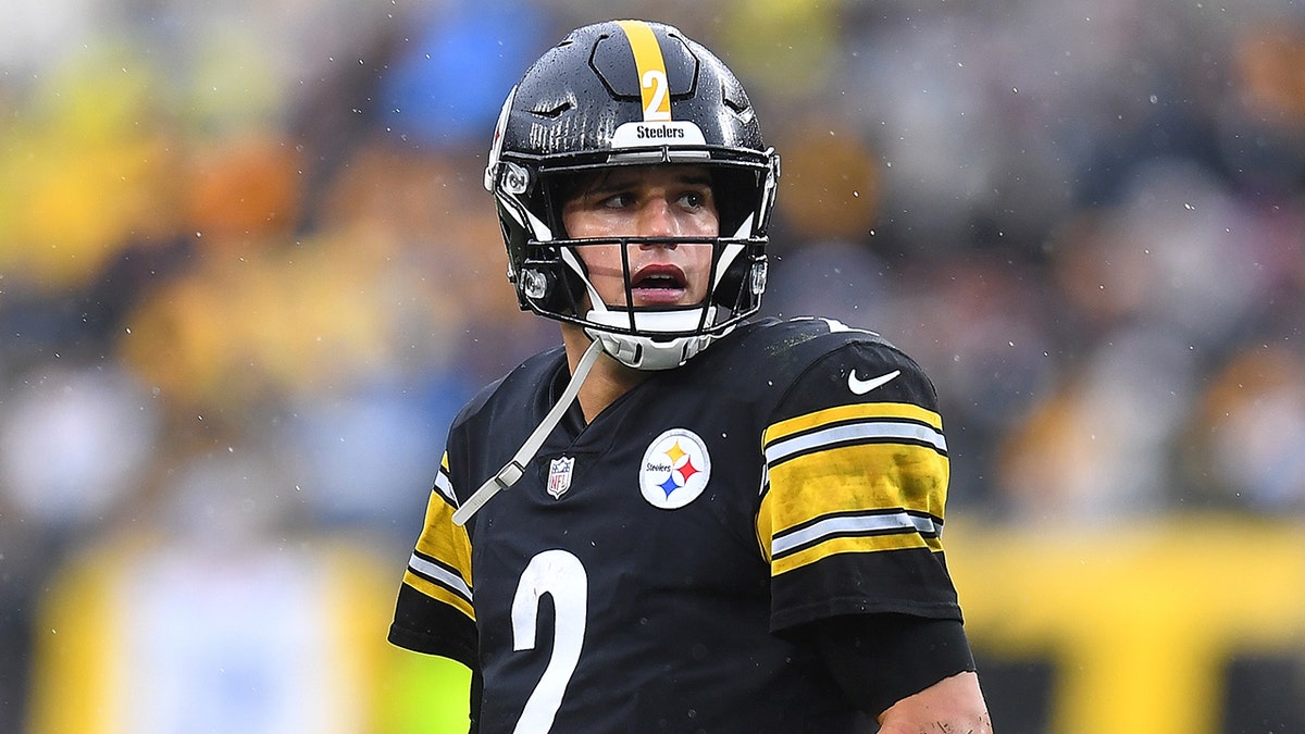 Mason Rudolph #2 of the Pittsburgh Steelers looks on during the game against the Detroit Lions at Heinz Field on November 14, 2021 in Pittsburgh, Pennsylvania.