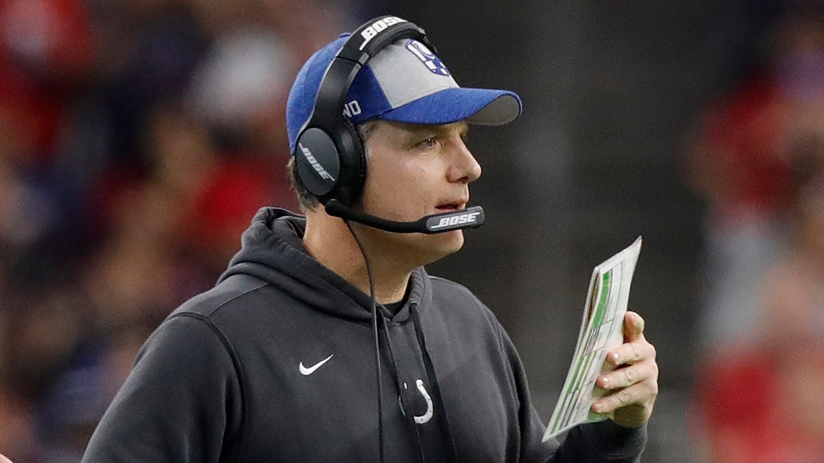 Defensive coordinator Matt Eberflus of the Indianapolis Colts calls a play on the sideline in the second half against the Houston Texans during the Wild Card Round at NRG Stadium on Jan. 5, 2019 in Houston, Texas.