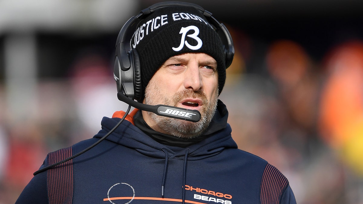 Head coach Matt Nagy of the Chicago Bears reacts on the sidelines during the second quarter of the game against the New York Giants at Soldier Field on Jan. 2, 2022 in Chicago, Illinois.
