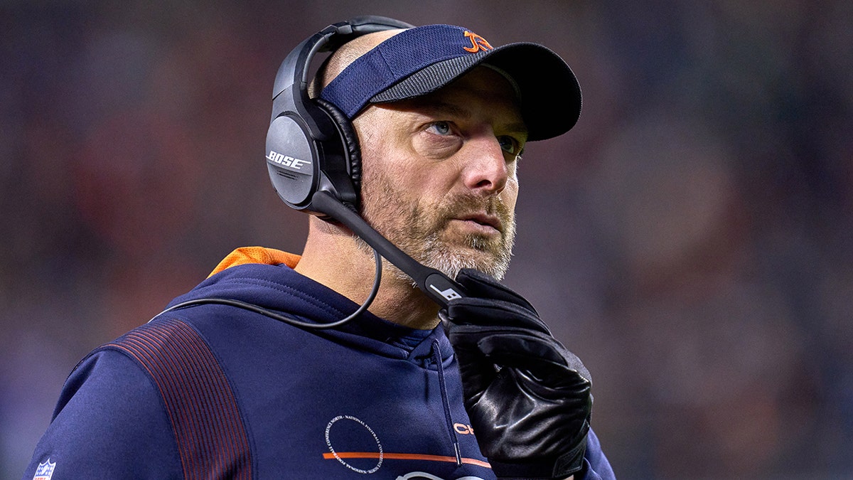 Matt Nagy looks on during a game between the Bears and the Minnesota Vikings on Dec. 20, 2021, at Soldier Field in Chicago.