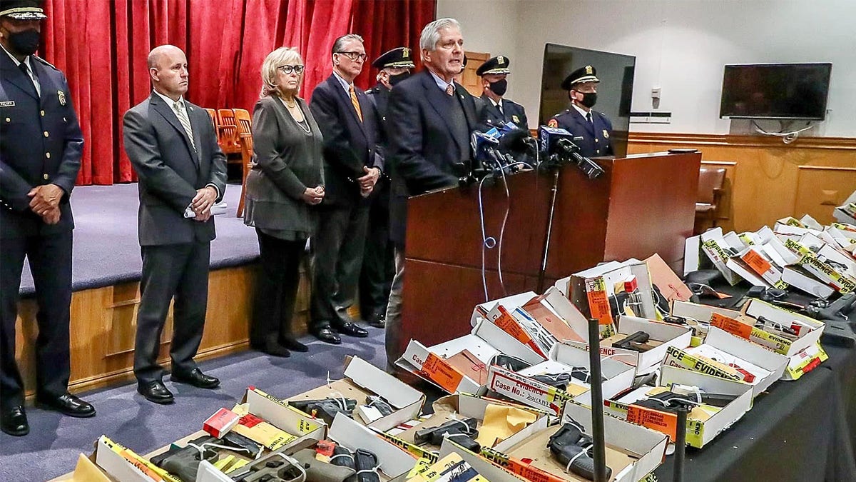 Nassau County Executive Bruce Blakeman announced more than 100 guns seized from Long Island streets, about a third which were from people released under cashless bail.