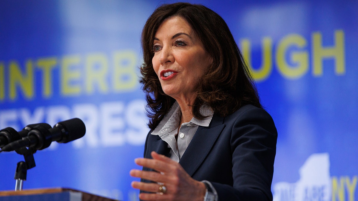 New York Gov. Kathy Hochul speaks during a news conference at the Brooklyn Army Terminal Annex in the Brooklyn borough of New York Jan. 20, 2022. (Paul Frangipane/Bloomberg via Getty Images)