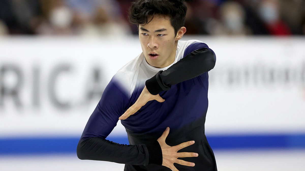 Nathan Chen of the United States skates in the Men's Free Skate during the ISU Grand Prix of Figure Skating - Skate America at   Orleans Arena on October 23, 2021 in Las Vegas, Nevada.