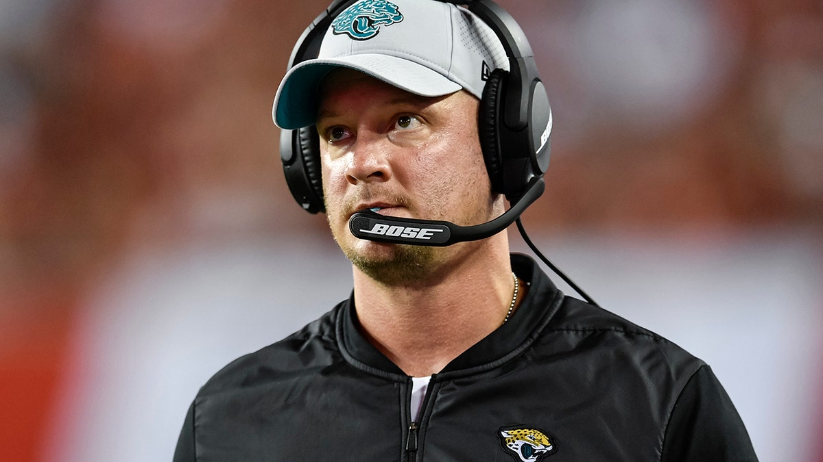 Jacksonville Jaguars offensive coordinator Nathaniel Hackett during the first half of an NFL preseason game between the Detroit Lions and the Tampa Bay Buccaneers on Aug. 30, 2018, at Raymond James Stadium in Tampa, Florida.