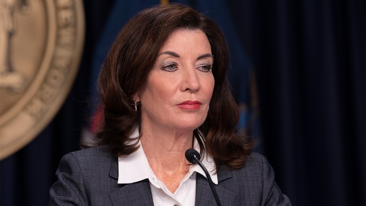 New York Gov. Kathy Hochul holds a COVID-19 briefing at the governor's office in New York in 2021. (Photo by Lev Radin/Pacific Press/LightRocket via Getty Images)
