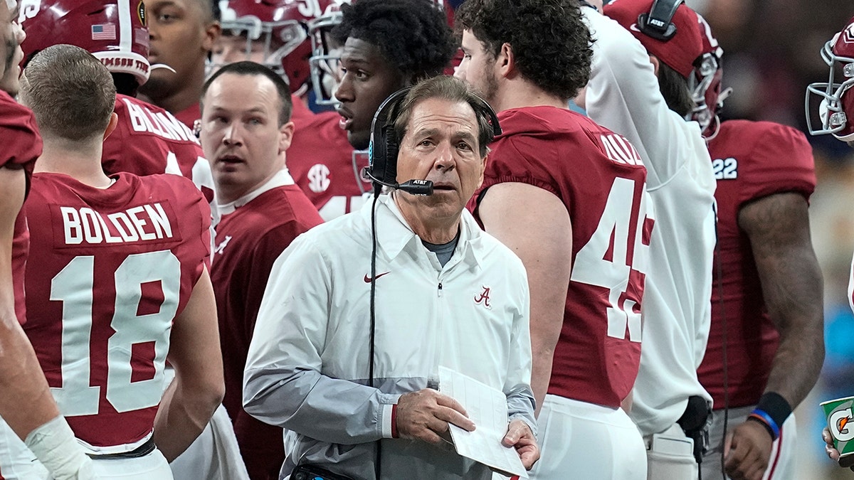 Alabama head coach Nick Saban watches during the second half of the College Football Playoff championship football game against Georgia Monday, Jan. 10, 2022, in Indianapolis.
