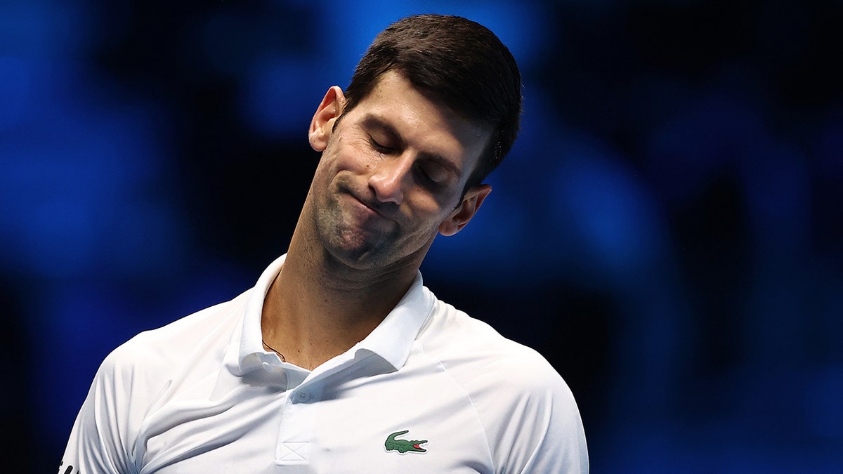 Novak Djokovic of Serbia reacts during the Men's Single's Second Semi-Final match between Novak Djokovic of Serbia and Alexander Zverev of Germany on Day Seven of the Nitto ATP World Tour Finals at Pala Alpitour on Nov. 20, 2021 in Turin, Italy.