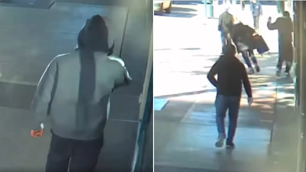 The unidentified individual, shown left, later is seen shoving the woman to the ground in surveillance footage taken of the incident. (Oakland Police Department)