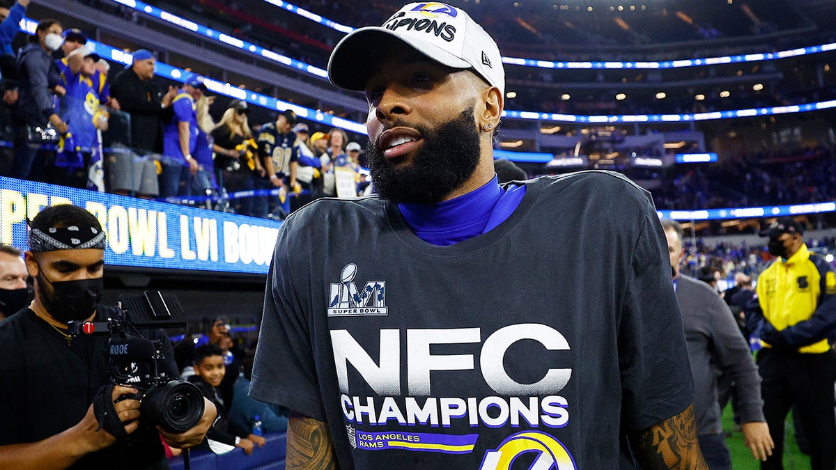 Odell Beckham Jr. of the Los Angeles Rams reacts after defeating the San Francisco 49ers in the NFC Championship Game at SoFi Stadium on Jan. 30, 2022, in Inglewood, California.