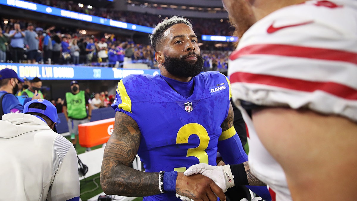 Odell Beckham Jr. #3 of the Los Angeles Rams reacts after defeating the San Francisco 49ers in the NFC Championship Game at SoFi Stadium on Jan. 30, 2022, in Inglewood, California.