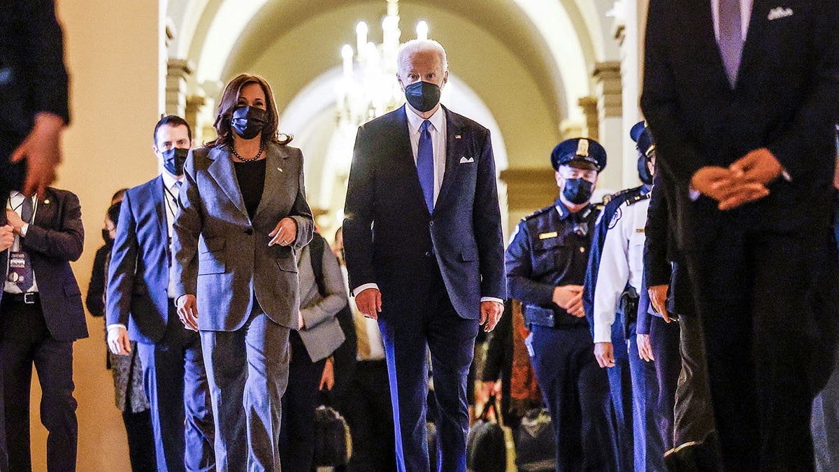 President Biden and Vice President Kamala Harris depart after delivering speeches to mark the first year after the Jan. 6, 2021, attack on the U.S. Capitol by supporters of former President Trump, on Capitol Hill in Washington, U.S., Jan. 6, 2022. 