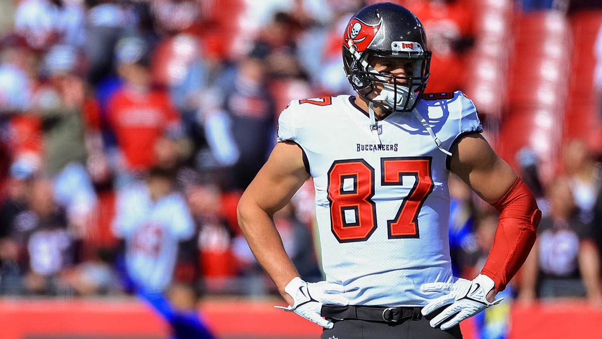 Rob Gronkowski of the Tampa Bay Buccaneers looks on before the game against the Los Angeles Rams in the NFC Divisional Playoff at Raymond James Stadium on Jan. 23, 2022, in Tampa, Florida.