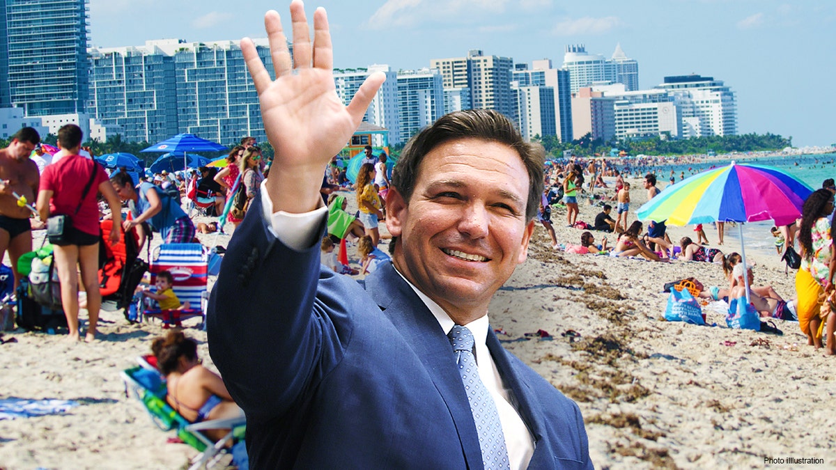 SURFSIDE, FLORIDA - JUNE 14: Florida Gov. Ron DeSantis arrives to speak during a press conference at the Shul of Bal Harbour on June 14, 2021 in Surfside, Florida. Miami - April 28, 2018: Sunbathers gather on a sunny weekend afternoon on South Beach as summer weather sets in. ?