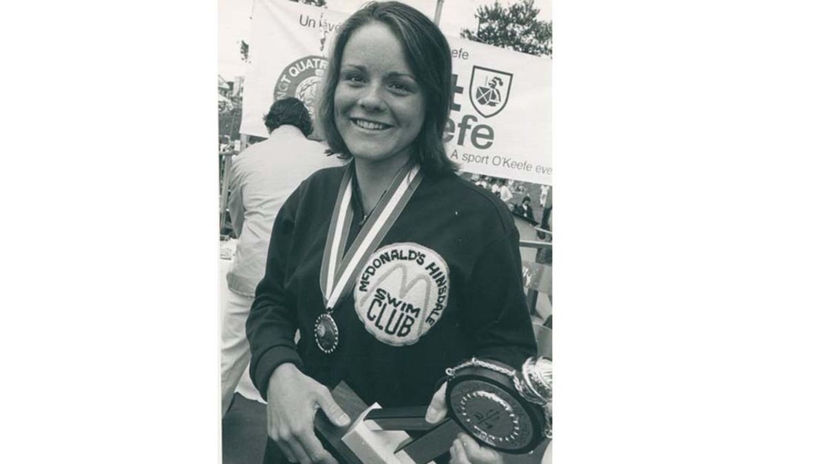 Sandra Bucha after winning in the marathon swim competition across Lac St. Jean in Canada in the La Tuque 24 hour race in Canada in 1974.