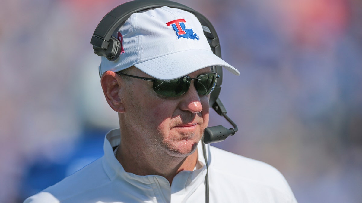 Louisiana Tech Bulldogs head coach Skip Holtz watches his offense work during the college football game between the Southern Miss Golden Eagles and the Louisiana Tech Bulldogs on Oct. 19, 2019, at Joe Aillet Stadium, Ruston, Louisiana. 