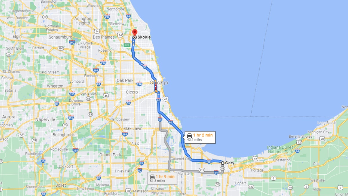 Skokie, Illinois, to Gary, Indiana (Google Maps)