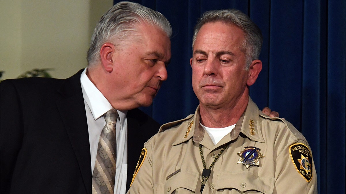 Nevada Gov. Steve Sisolak, left, appeared with Clark County Sheriff Joe Lombardo after the mass shooting at a country music festival on Oct. 4, 2017, in Las Vegas.