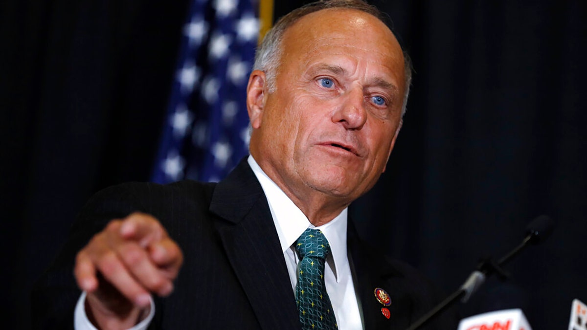 FILE - In this Aug. 23, 2019, file photo, former Rep. Steve King, R-Iowa, speaks during a news conference in Des Moines, Iowa.