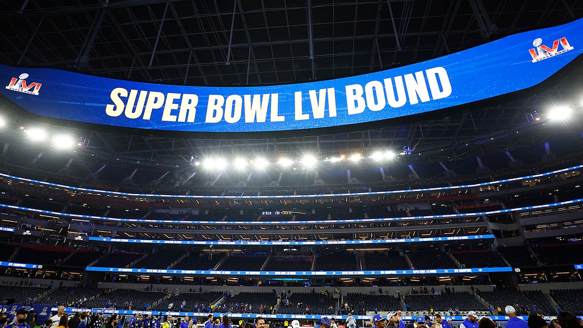 The jumbotron reads "Super Bowl LVI Bound" after the Los Angeles Rams defeated the San Francisco 49ers 20-17 in the NFC Championship Game at SoFi Stadium on Jan. 30, 2022, in Inglewood, California.