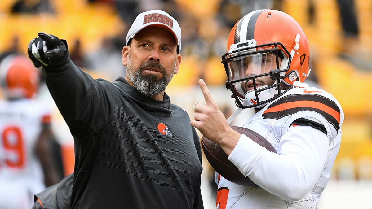 Offensive coordinator Todd Haley and quarterback Baker Mayfield of the Cleveland Browns take on the Steelers Oct. 28, 2018, at Heinz Field in Pittsburgh, Pennsylvania.
