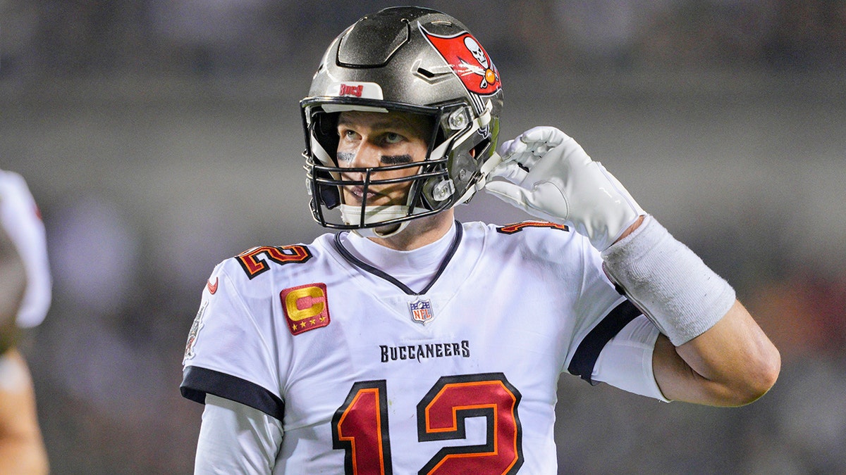 Tampa Bay Buccaneers quarterback Tom Brady looks on during the game between the Philadelphia Eagles and the Tampa Bay Buccaneers on Oct. 14, 2021, at Lincoln Financial Field in Philadelphia.