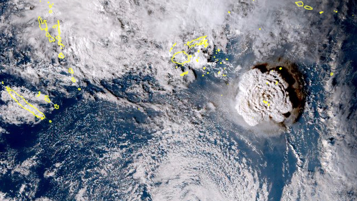 In this satellite image taken by Himawari-8, a Japanese weather satellite, and released by the agency, shows an undersea volcano eruption at the Pacific nation of Tonga Saturday, Jan. 15, 2022.