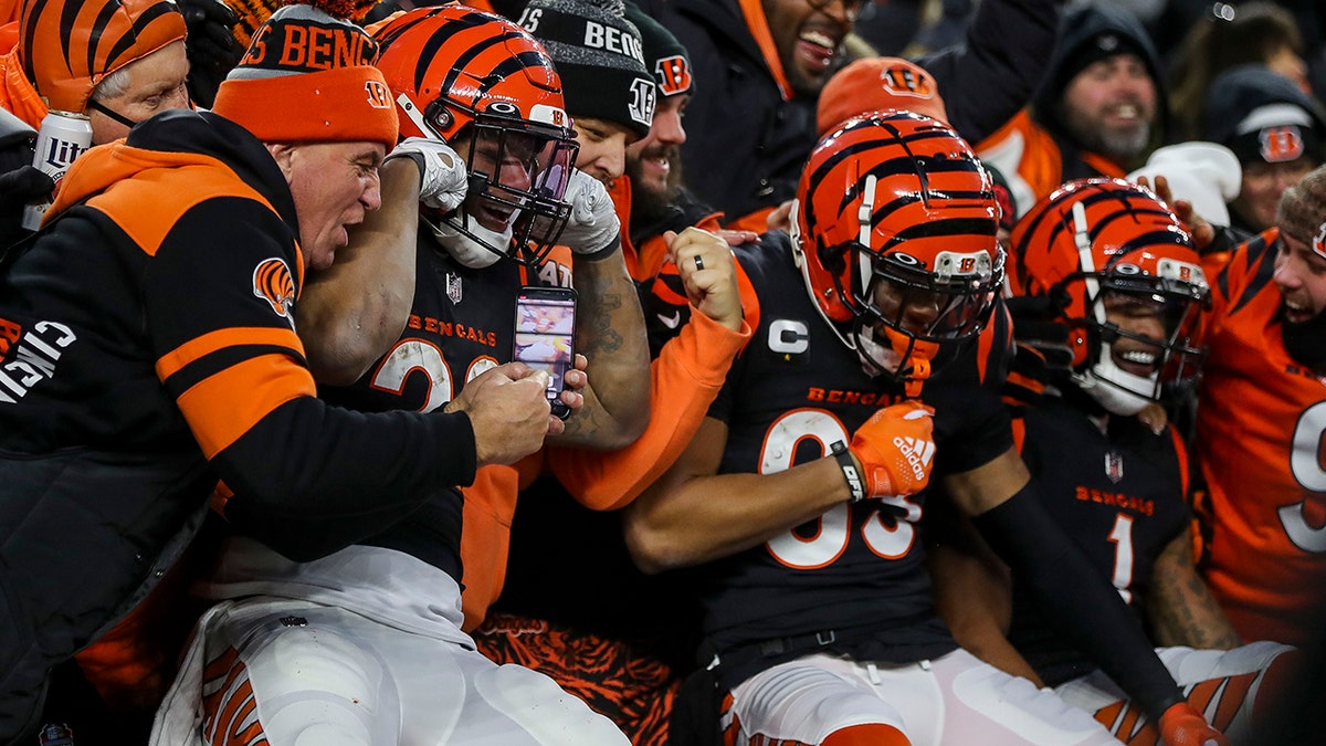 Jan 15, 2022; Cincinnati, Ohio, USA; Cincinnati Bengals running back Joe Mixon (28) celebrates with fans after a touchdown by wide receiver Tyler Boyd (83) in the first half against the Las Vegas Raiders in an AFC Wild Card playoff football game at Paul Brown Stadium.