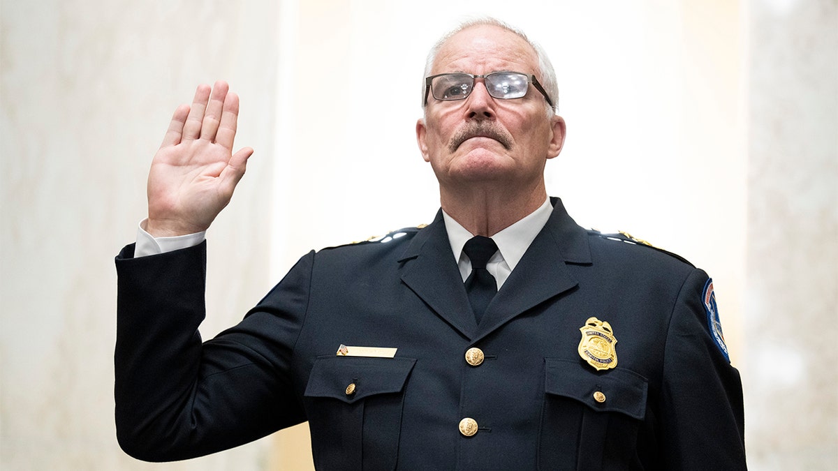 U.S. Capitol Police Chief Tom Manger is sworn in to testify before a Senate Rules and Administration Committee oversight hearing on the Jan. 6, 2021, attack on the Capitol on Wednesday, Jan. 5, 2022, in Washington.