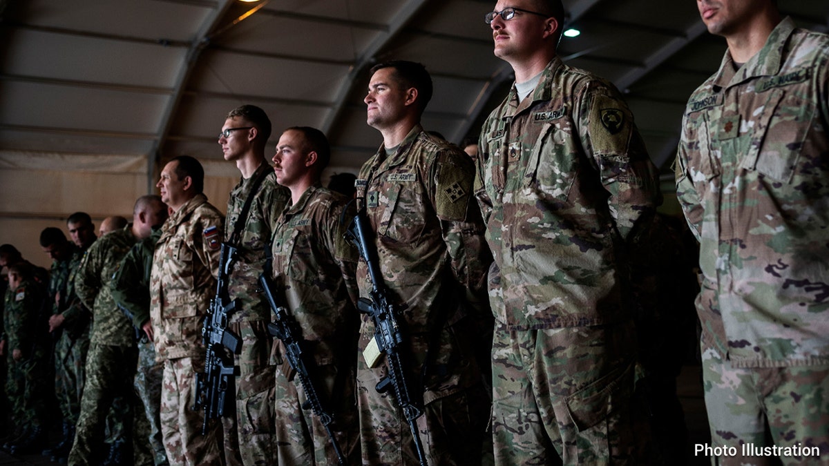  U.S. Army soldiers attend as NATO Secretary General Jens Stoltenberg visits the Italian-run military base "Camp Arena" to meet the soldiers in the context of the Nato Resolute Support (RS) mission.