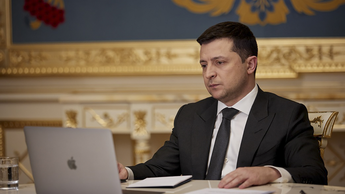 Ukrainian President Volodymyr Zelenskyy answers questions from the media in Kyiv, Ukraine, on Friday.