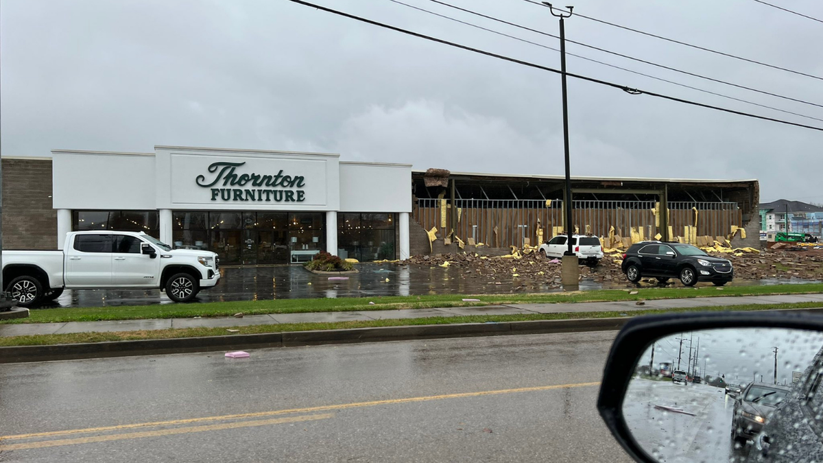 Structural damage at a furniture store in Bowling Green, Kentucky, following a tornado warned storm going through the area. (Credit: @BGTonite)
