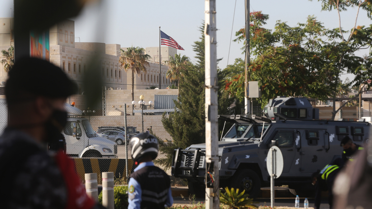 Jordanian police stand guard surrounding the U.S. Embassy on May 26, 2021 in Amman, Jordan.