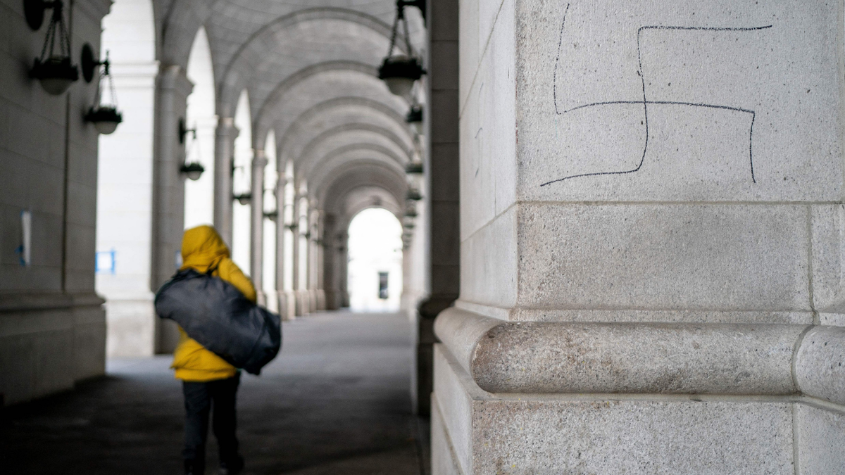 Union Station in Washington, DC, is vandalized with a Swastika on January 29, 2022, two days after International Holocaust Remembrance Day. 