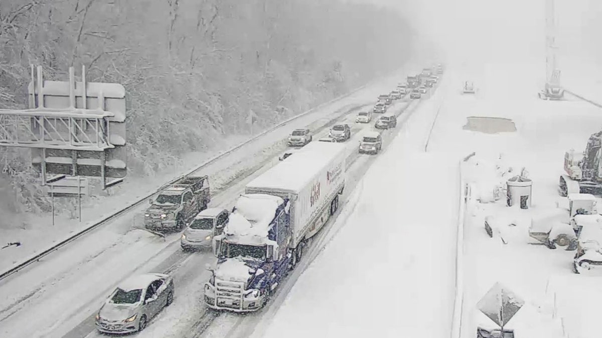 This image provided by the Virginia department of Transportation shows a closed section of Interstate 95 near Fredericksburg, Va. Monday Jan. 3, 2022. Both northbound and southbound sections of the highway were closed due to snow and ice. 
